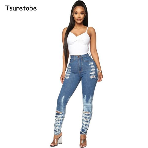

women's jeans tsuretobe casual high waist ripped denim pencil pants women fashion elastic jean hollow out quality trousers female, Blue