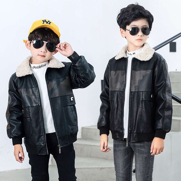

f05 boys' leather et autumn and winter children's zipper cardigan color matching, Black