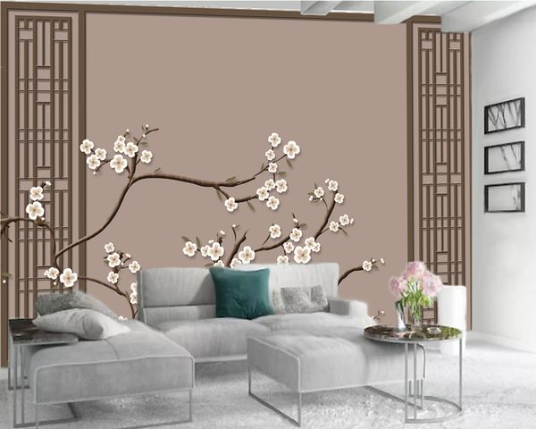 

пользовательские роскошные 3d обои изысканный window plum blossom обои гостиная спальня декоративные 3d обои mural