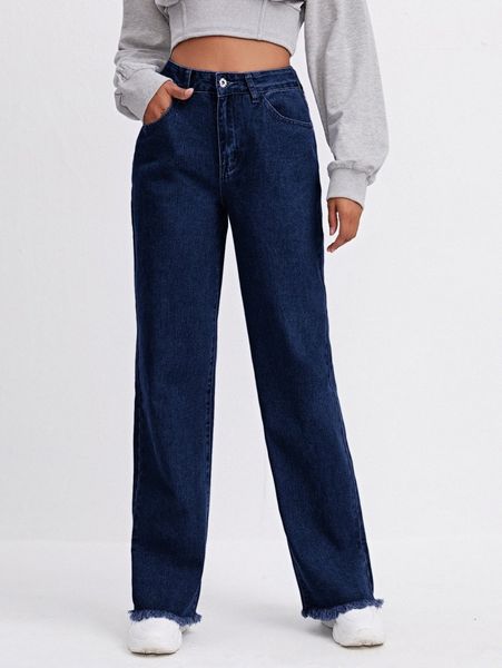 

high waist raw hem straight leg jeans x4gf#, Blue