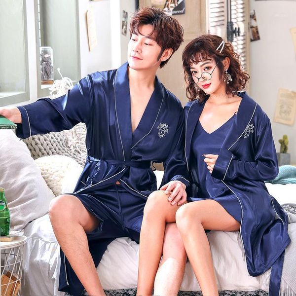 

couple kimono robe gown suit lounge turn-down collar print bathrobe spring autumn faux silk sleepwear loose home wear with belt1, Black;red