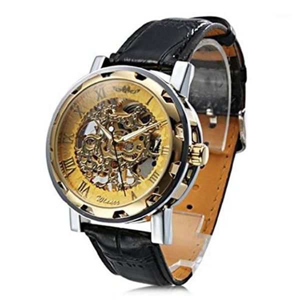 

lintimes 2019 new hollow fashion mechanical hand wind men male business leather strap wrist watch relogio1, Slivery;brown