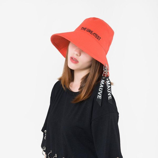 

fashion personality female ribbon letter basin cap autumn and winter new flat big brim bucket hats iron ring bucket hats bbyhtk, Black;white