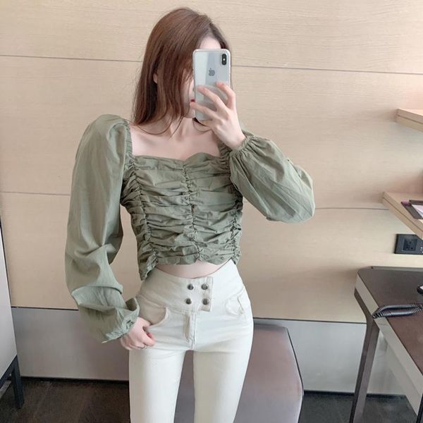 

coigarsam blouse women puff sleeve square collar blusas womens and blouses white green 2857