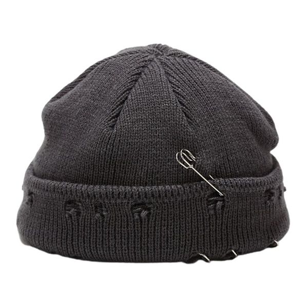 

beanie/skull caps winter knit beanie hat with pins o-ring distressed hole cuffed melon skull cap 270d, Blue;gray