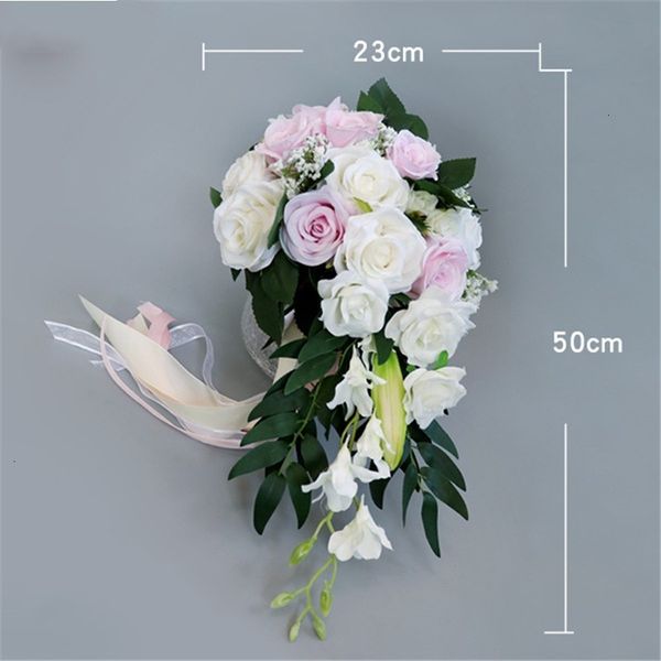 

white bride flowers water drop shaped artificial rose ribbon wedding holding bouquet decoration 23*50cm 2 n5tok