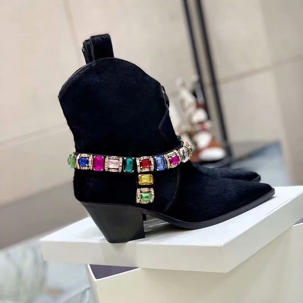 

new gemstone chain rhinestone ankle boots women black green horse hair chunky high heels brand winter chelsea boots knight boots
