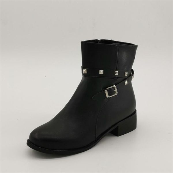 

boots pxelena rivet buckle women ankle low heels shoes ladies combat biker motorcycle short bootie black plus size 34-43
