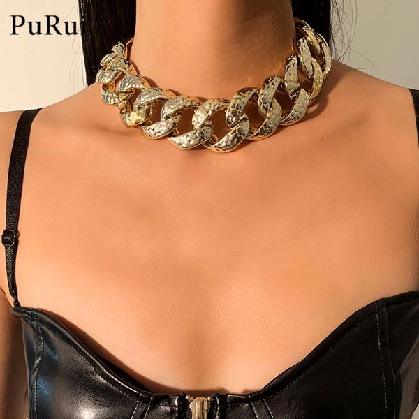 

purui cuban link chain choker necklace punk multilayer padlock key long pendant necklace for women gold color collar jewlery, Golden;silver