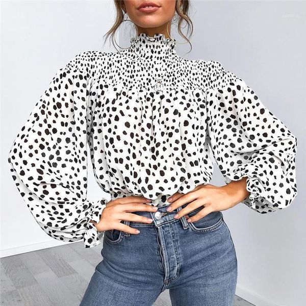 

autumn women blouse colorful floral leopard print shirred smocked high neck long puff sleeve elegant oversized street wear1, White