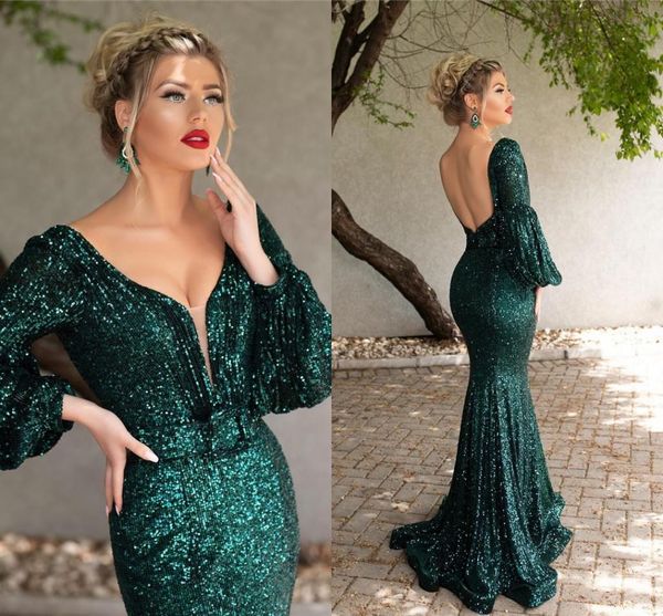 

backless dark green sequins mermaid prom dresses 2021 sparkly glitter bling long formal evening gowns with long puff sleeves, Black