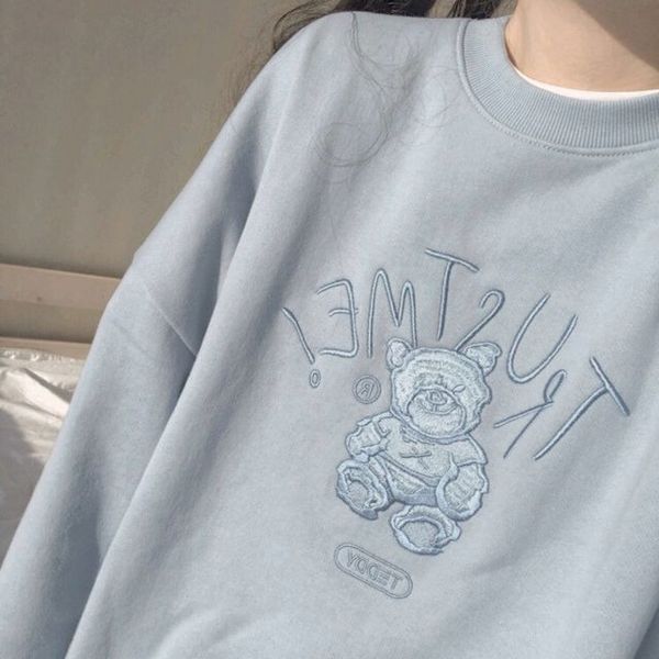

autumn and winter new japanese cartoon bear embroidery ancient loose pullover with plush sweater women's korean version of ins fashion, Black