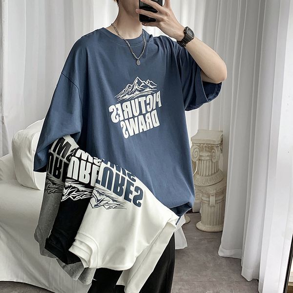 

summer new men's round neck short sleeve trendy student casual loose letter t-shirt, White;black