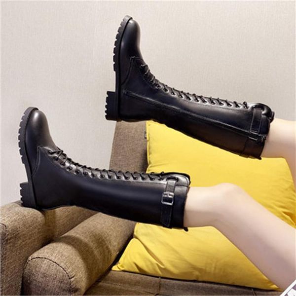 

2020 slim women's wedges knee high boots leather square heels platform boots zip autumn winter shoes woman boot 35-401, Black