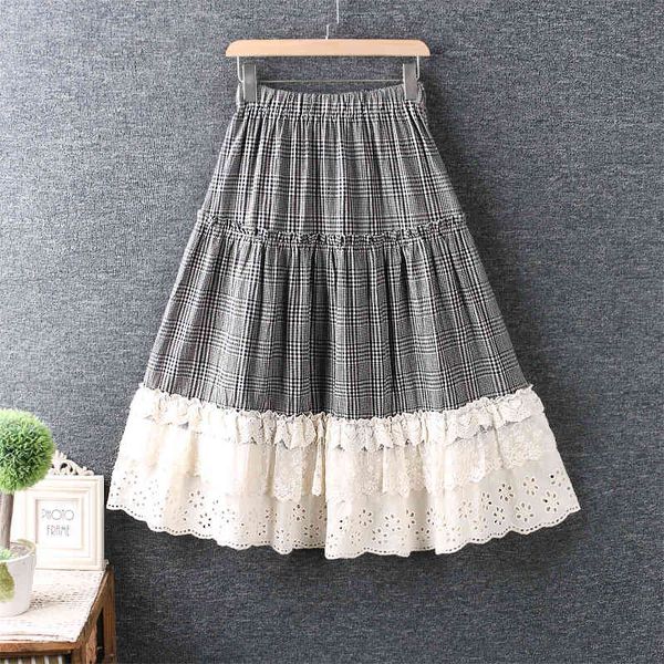 

skirts summer sweet elastic waist women embroidered lace cotton linen lolita fairy cake skirt casual wear apy1, Black