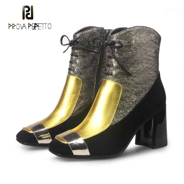 

prova perfetto fashion winter new square toe thick high heel short boots women mixed color genuine leather lace up ankle boots1, Black