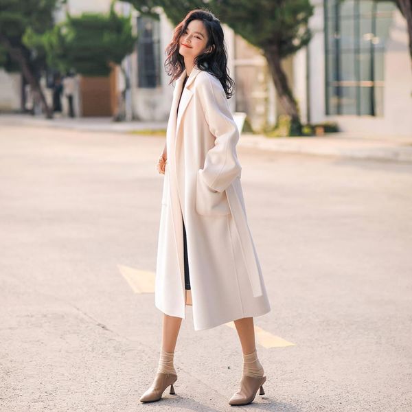 

women's women double-sided wool korean temperament long cashmere female loose white coat casual 8857, Black