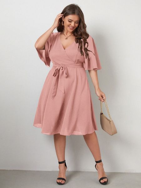 

plus butterfly sleeve self tie dress t5ym#, Black