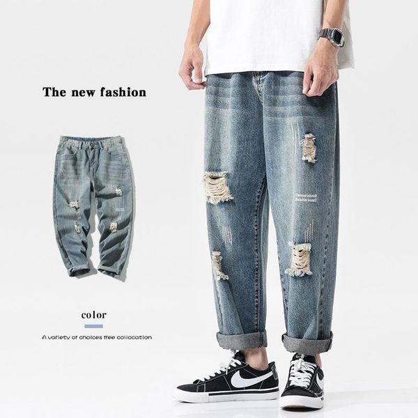 

men's jeans miller summer street hip-hop style ripped 2021 fashion all-match straight-leg pants ml78, Blue