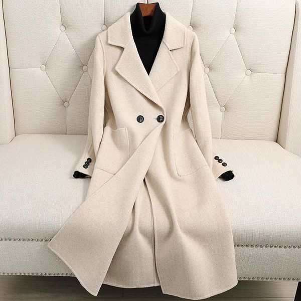 

2021 cashmere autumn winter jacket women long double-side wool coat female fashion trench outerwear high quality, Black