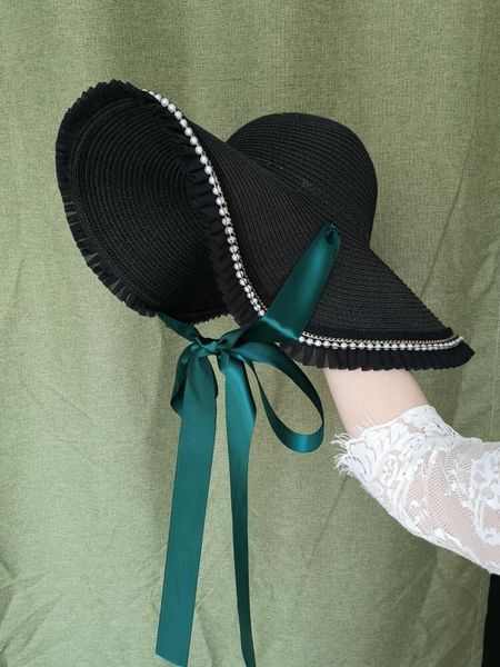 

wide brim hats french romatic women pearl sun hat 12cm ribbon bow straw summer beach party lolita bonnet sombrebro cap, Blue;gray