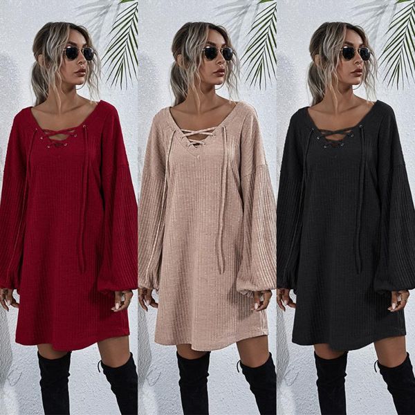 

fashion casual loose v-neck cross tie long sleeve knitted dresses for autumn 2021 female new middle-length knit dress, Black;gray