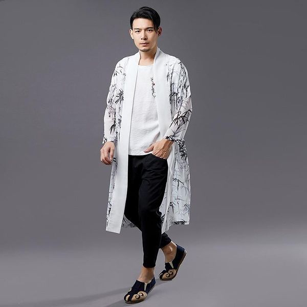 

men's casual shirts summer chinese style fashion bamboo leaf printing mens long chiffon sleeve open stitch sun protection shirt coats, White;black