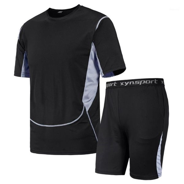 

men summer track suit gym clothing set fitness fast drying elastic short sleeve t shirt +shorts sports suit1, White;black
