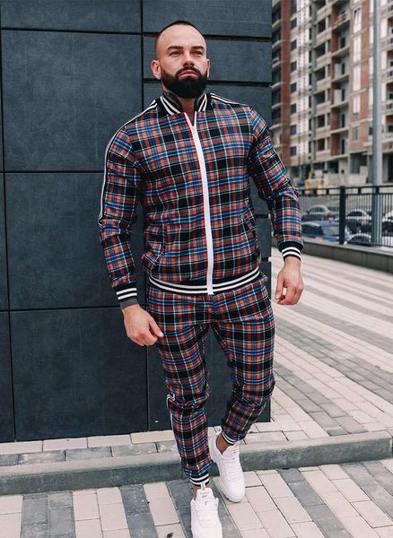 

men's casual sport suit autumn thin zip-up coat trousers 3d printed suits outdoor fashion grid tracksuit streetwear clothing, Gray
