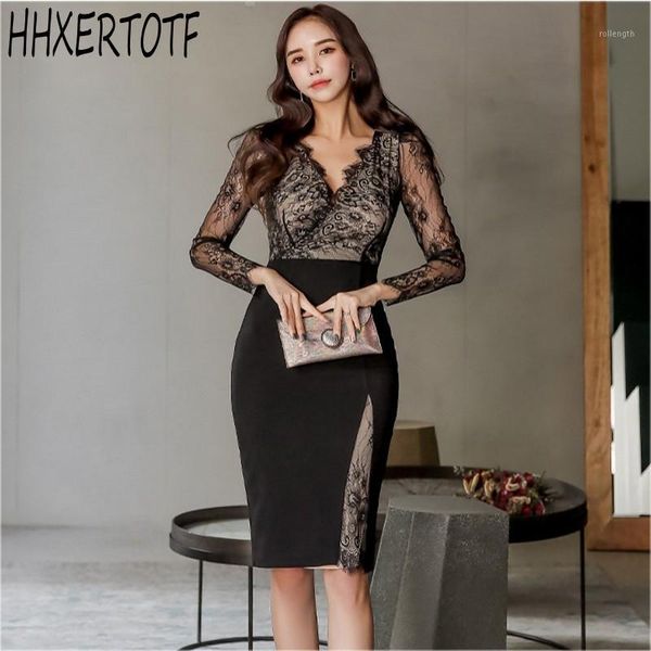 

hollow out lace patchwork dresses women's party work wear ruffles pencil sheath dress ladies bodycon vestidos1, Black;gray