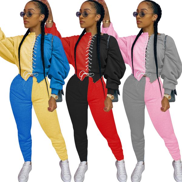 

fashion stitching strappy hooded sweater suit 2 piece suit for women, White