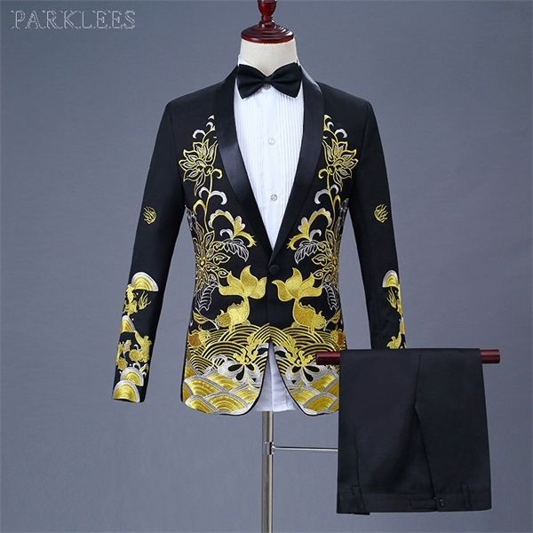 

luxury gold embroidery black suit men party wedding suits men shawl collar tuxedo suit (jacket+pants) stage host singer clothes q1216, White;black