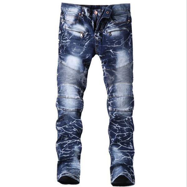 

mens jeans embroider zipper straight slim fit elastic high street new casual style european wind pants, Blue