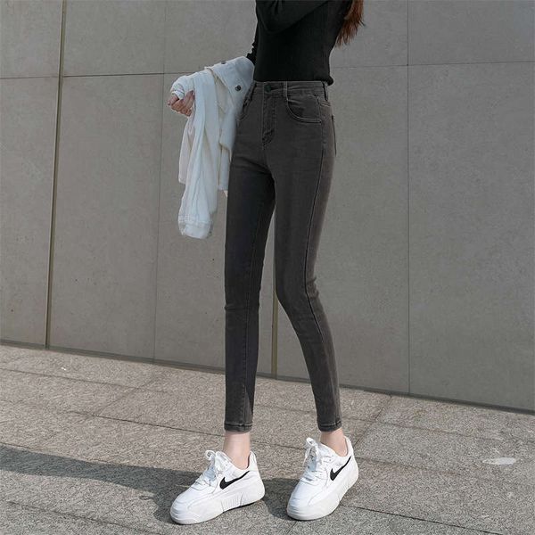 

autumn winter 2020 grey black jeans women's high waists show thin, tight feet and thin velvet new elastic pants, Blue