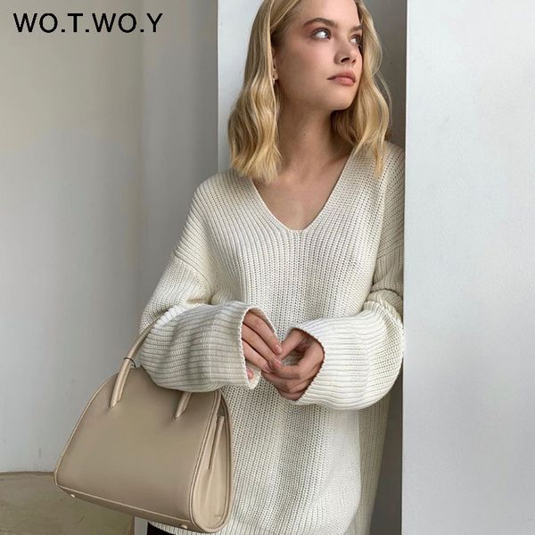 

wotwoy autumn winter v-neck knitted sweater women long sleeve solid basic jumpers female cashmere oversized pullovers knit lj201112, White;black