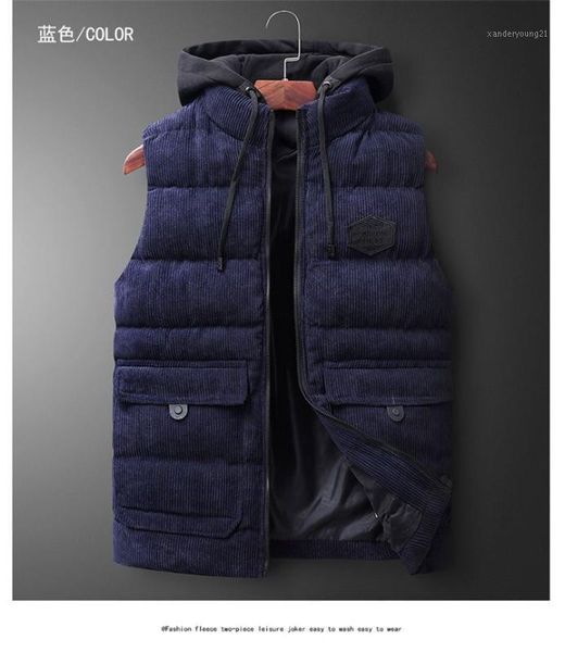 

men's vests men vest men's autumn and winter sleeveless jacket hooded corduroy thick warm coat1, Black;white