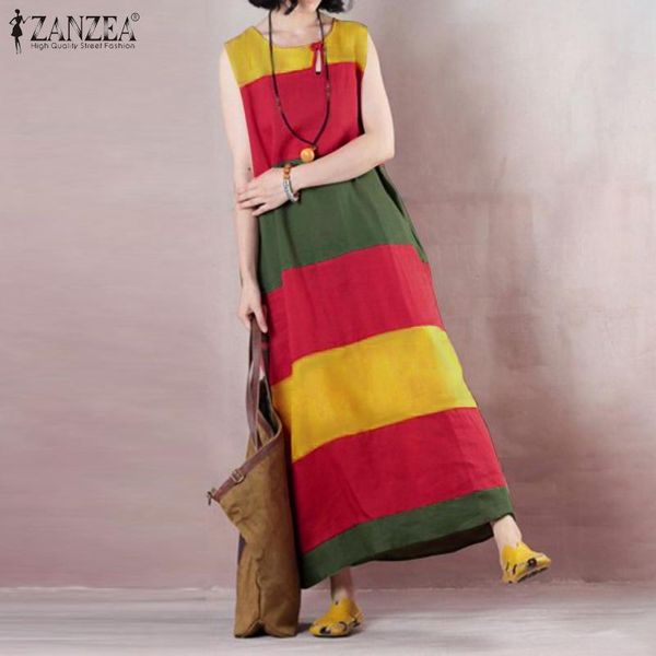 

summer color patchwork sundress vintage casual bohemiam long dress women sleeveless cotton party vestido sarafans kg-507, Black;gray
