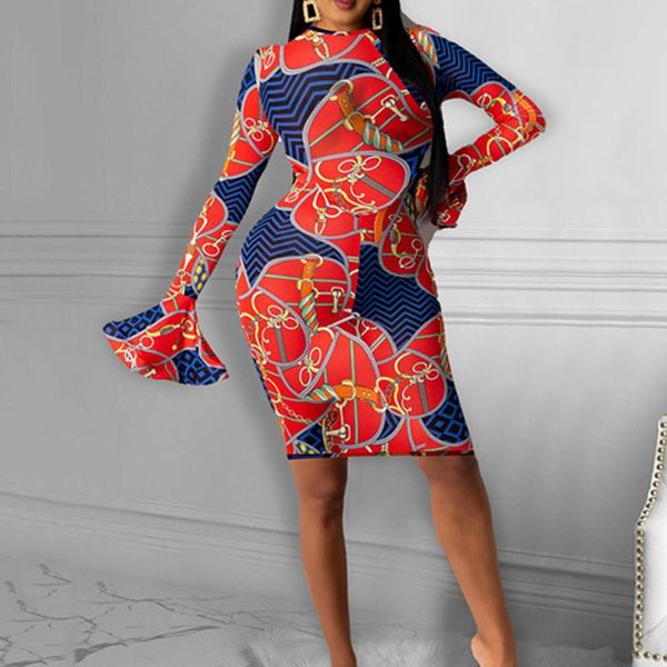 

western style dress fashion temperament commute draw back printing round neck flared sleeves retro red dress, Black;gray