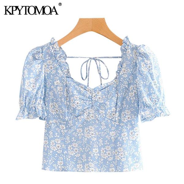 

kpytomoa women 2021 fashion floral print ruffled cropped blouses vintage short sleeve back elastic female shirts chic, White
