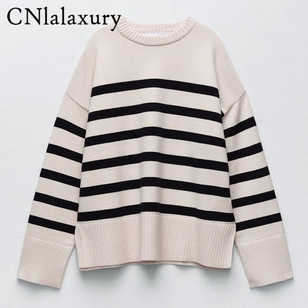 

2021 new autumn winter women za sweater pullover long sleeve round ne ladies striped knit fashion retro casual wear jumper, Black