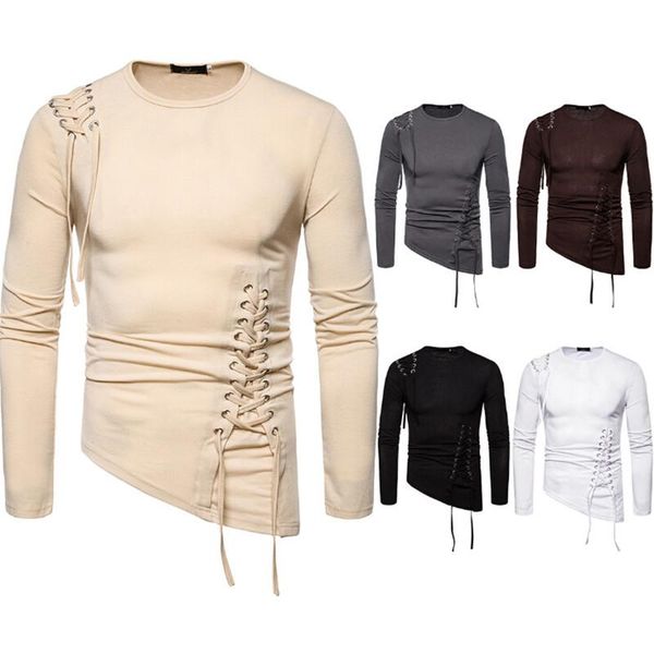 

2020 autumn men long sleeve t shirt irregular bandage slim fit tshirt homme mens dj nightclub costume hip hop streetwear clothes, White;black