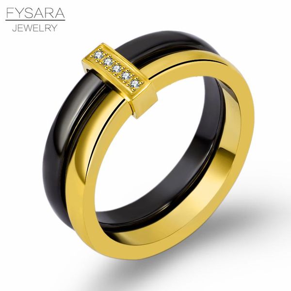 

fysara classic белое черное керамическое кольцо для женщин свадебное свадебное кольцо из нержавеющей стали роскошь два ряда круга кристаллы, Black