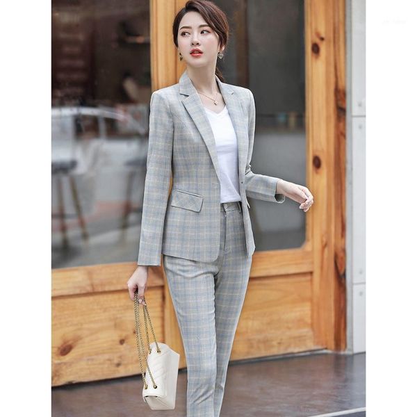 

2020 new spring and autumn fashion 2 piece set pink plaid formal pant suits blazer office lady designs women jacket and trousers1, White;black