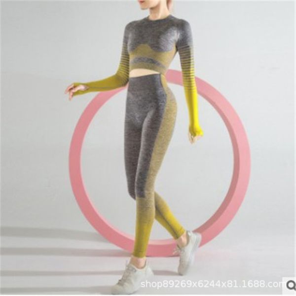 

women's striped new stretch yoga suit hip high waist sports tights seamless leggings, Gray