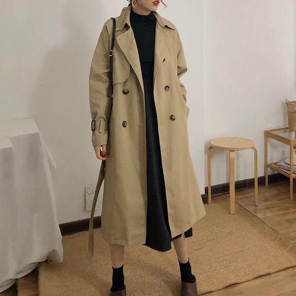 

2021 women's autumn trench coat new korean loose long outercoat british style sashes double breasted chic ladies windbreaker 210 o95k, Tan;black
