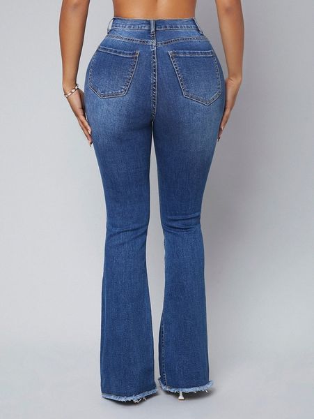 

sxy high waisted ripped raw hem bootcut jeans 72sc#, Blue