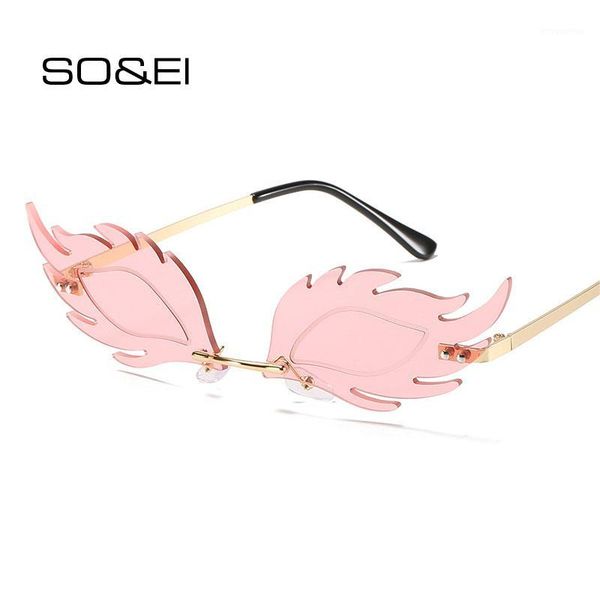 

so&ei fashion unique flame feather shape women sunglasses rimless clear ocean lens eyewear brand designer retro men sun glasses1, White;black