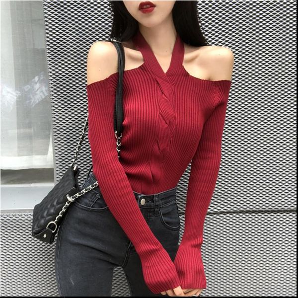 

women halter slash neck knitted off shoulder sweater pullover girls knitting stretchy sweaters pullovers female dx6722, White;black