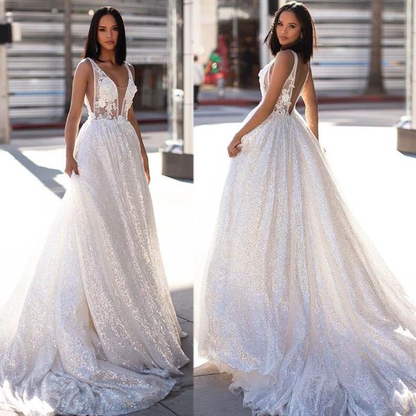 

sequined glitter wedding dresses sheer v neck lace appliques bridal gowns backless a line wedding robes de mariÃ©e, White