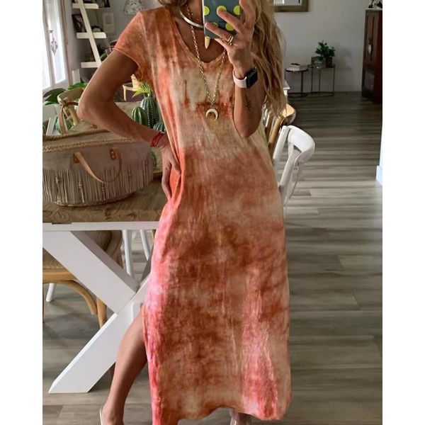 

women's summer t-shirt style tie dyeing maxi dress ladies short sleeve casual loose holiday dress plus size s-2xl, Black;gray